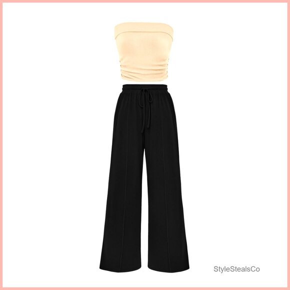 Pants - Ribbed Knit Crop Top & Wide Leg Pants Lounge Set, Polyester Elastane